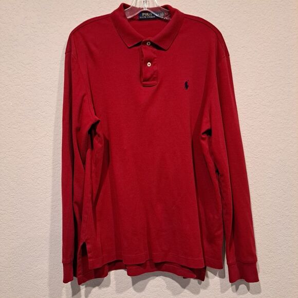 Polo Ralph Lauren Blue Label Retro 100% Cotton Long Sleeve Polo Shirt Red Mens L - Picture 7 of 8